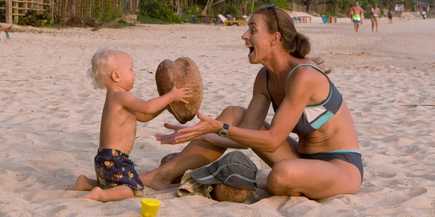 Foreign Mother and Son playing on Sri Lanka Beach
